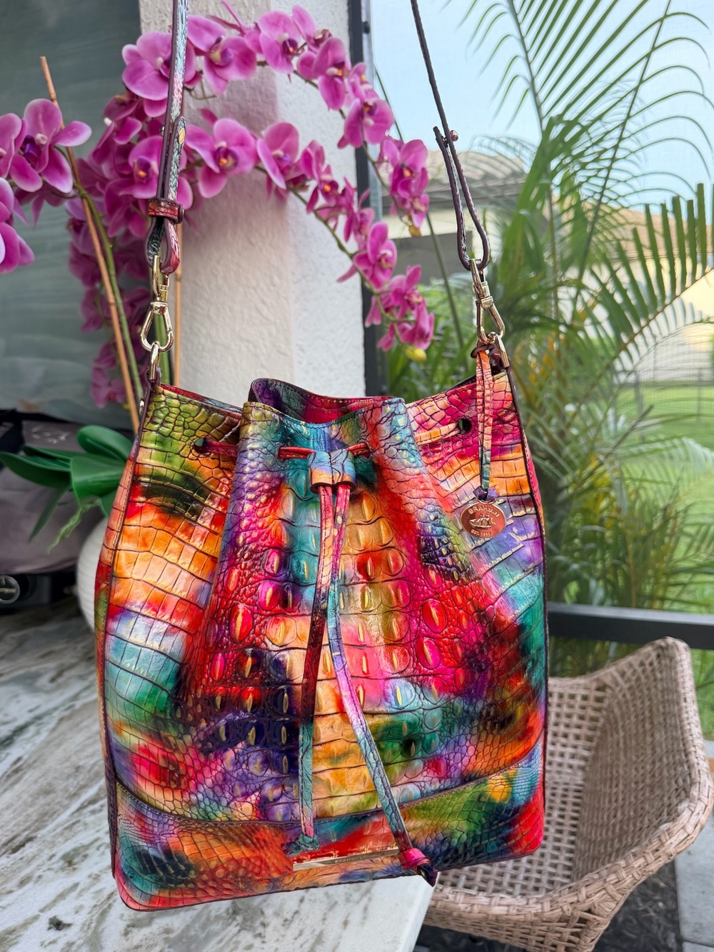 BRAHMIN Marlowe CrocEmbossed Leather BucketBag in Fallstruck Rainbow Colors NWOT - Picture 8 of 17